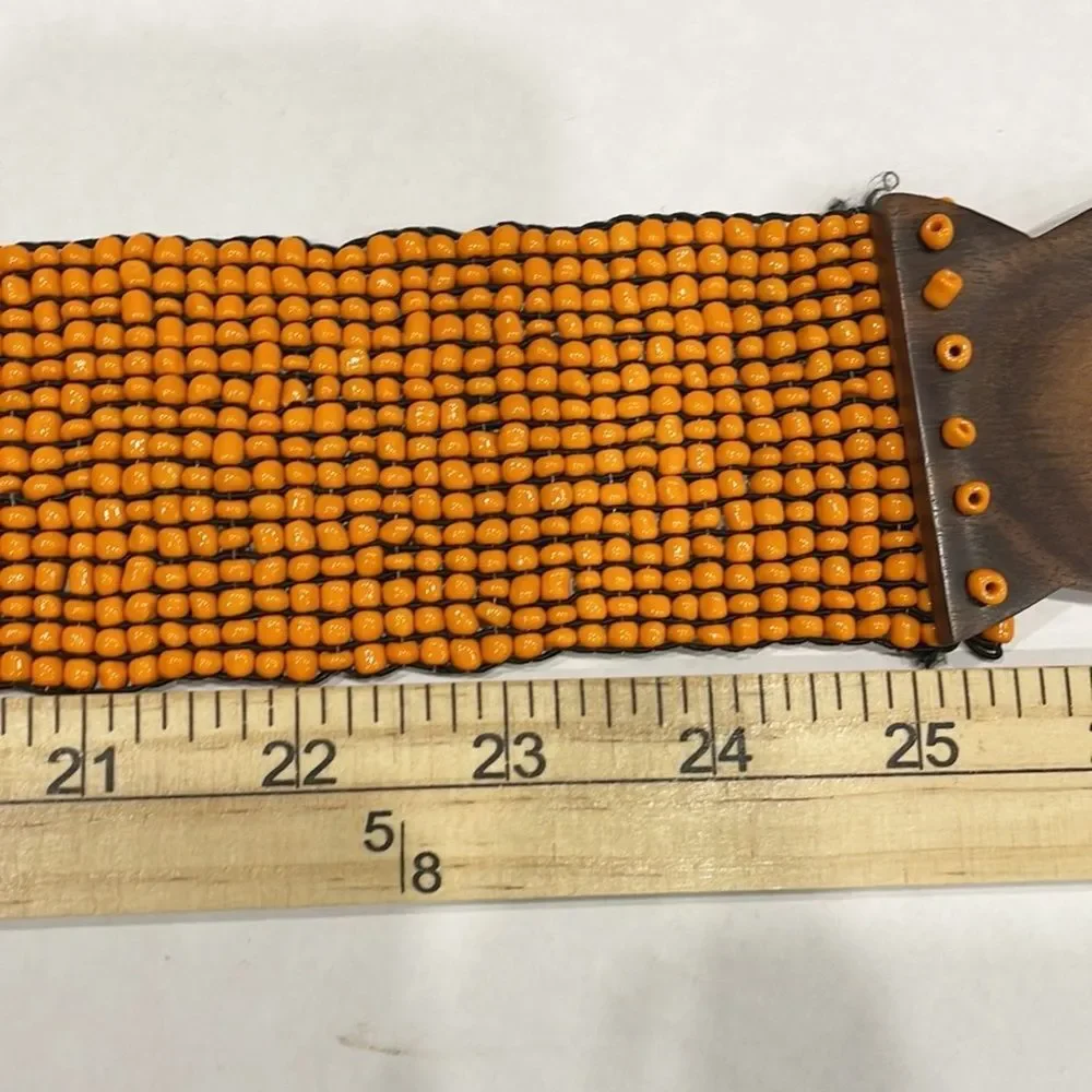 Sabak Women Wood Buckle Belt Beaded Boho‎ Stretch Glass Beads Handmade Orange